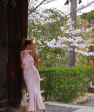 Elegant Mermaid Light Pink Satin Open Back Long Prom Dress Evening Dress HZ1023