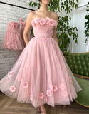 Beautiful Pink Princess Strapless Prom Dress with Flowers HZ1023