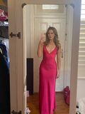 Sexy V Neck Party Dress Hot Pink Slit Prom Dress HZ1023