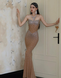 Exquisite Mermaid Strapless Shiny Rhinestone Tulle Long Prom Dress Evening Dress HZ1023