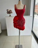 Stunning Sheath Straps Beaded Red Satin Tulle Short Homecoming Dress Cocktail Dress HZ1023