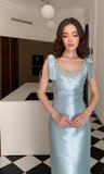 Blue Sheath Bow Straps Rhinestone Satin Long Prom Dress Wedding Guest Dress HZ1023