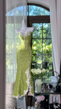 Green Mermaid Spaghetti Strap Lace Prom Dress Wedding Guest Dress with Slit HZ1023
