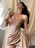 Sexy Sheath Off the Shoulder Corset Brown Satin Homecoming Dress Cocktail Dress HZ1023