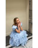 Cute Blue Tulle Tiered Hepburn Princess Prom Dress Evening Dress Ball Gown HZ1023