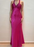 Hot Pink Mermaid V Neck Beaded Satin Open Back Prom Dress Evening Dress HZ1023