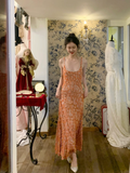 Vintage Exquisite A Line Straps Orange Beaded Tulle Prom Dress Wedding Guest Dress HZ1023