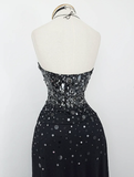 Retro A Line Spaghetti Strap Black Sequin Chiffon Evening Dress Party Dress HZ1023