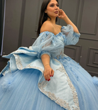 Romantic Poofy Baby Blue Floral Puff Sequin Tulle Ball Gown Quinceanera Dress HZ1023