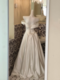 White Classy Ball Gown Off the Shoulder Pearl Satin Long Prom Dress Wedding Dress HZ1023