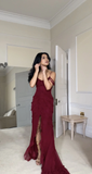 Sexy Burgundy Ruffles Chiffon Slit Prom Dress Mermaid Evening Dress HZ1023