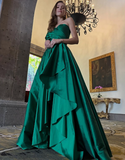 Gentle Green A Line One Shoulder Satin Long Prom Dress Evening Dress HZ1023