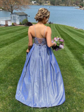 Chic Blue Satin Appliques Long Evening Dress Prom Dress HZ1023