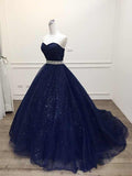 Stunning Navy Blue Tulle Strapless Long Sequins Prom Dress, Evening Dress HZ1023