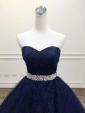 Stunning Navy Blue Tulle Strapless Long Sequins Prom Dress, Evening Dress HZ1023