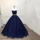 Stunning Navy Blue Tulle Strapless Long Sequins Prom Dress, Evening Dress HZ1023