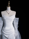 Simple A Line Long Sleeve Pleated Tulle Satin Wedding Dress Prom Dress HZ1023