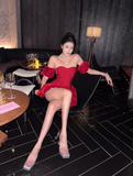 Red A Line Off the Shoulder Satin Velvet Short Homecoming Dress Cocktail Dress HZ1023