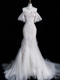 Exquisite Mermaid Off the Shoulder Beaded Lace Tulle Wedding Dress Prom Dress HZ1023