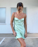 Simple A Line Spaghetti Strap Green Satin Short Homecoming Dress Outfits HZ1023