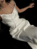 Elegant White Sheath Straps Satin Long Prom Dress Formal Gown Wedding Dress HZ1023