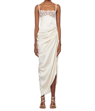 Simple Sheath Spaghetti Straps Pleated Lace Satin Open Back Prom Dress Party Dress HZ1023