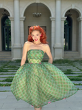 Vintage Ball Gown Strapless Green Plaid Chiffon Party Dress Homecoming Dress HZ1023