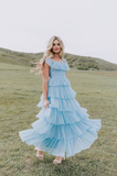 Fairy Sky Blue Sequare Neck Tiered Tulle Evening Dress Long Prom Dress HZ1023