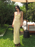 Cute Sheath Straps Print Floral Yellow Chiffon Long Party Dress Wedding Guest Dress HZ1023