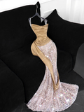 Khaki Mermaid Strapless Sequin Satin Long Prom Dress Evening Dress HZ1023