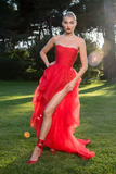 Sexy Red Slit Long Prom Dress Strapless Evening Dress HZ1023