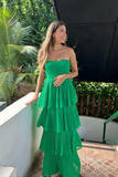 Green Chiffon A Line Tiered Ruffles Long Prom Dress Evening Dress HZ1023