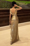 Shiny Mermaid Gold Sequin Long Prom Dress Cocktail Dress with Slit HZ1023