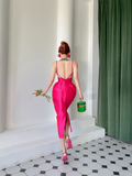 Hot Pink Sheath Spaghetti Strap Satin Prom Dress Evening Dress Open Back HZ1023