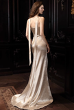 Champagne A Line Spaghetti Strap Pleated Satin Prom Dress Party Dress HZ1023