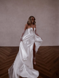 A Line Deep V Neck Satin Long Sweep Wedding Dress Prom Dress with Slit HZ1023