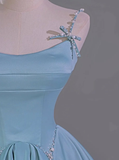 Blue A Line Spaghetti Strap Pearl Bow Satin Prom Dress Graduation Prom Dress HZ1023
