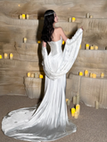 Charming A Line Sweetheart Neck Pleated White Satin Long Prom Dress Evening Dress with Slit HZ1023