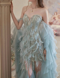 Dreamy Blue Mermaid Sweetheart Neck Feather Tulle Prom Dress Party Dress HZ1023