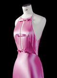 Cute Mermaid Halter Bow Pink Satin Open Back Prom Dress Graduation Prom Dress HZ1023