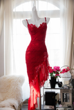 Sexy Sheath Spaghetti Strap Red Lace Chiffon Party Dress Evening Dress HZ1023