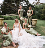 Pretty Sheath One Shoulder Green Satin Bridesmaid Dress Evening Dress with Slit HZ1023