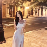 Simple Spaghetti Straps White Satin A Line Slit Party Dress Prom Dress HZ1023