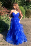 Royal Blue Tulle Long Prom Dress Spaghetti Straps Evening Dress HZ1023