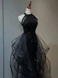 Shiny Halter Sequin Tulle Layered Long Prom Dress Black Evening Dress Wedding Dress HZ1023