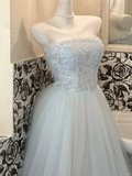 Baby Blue A Line Strapless Beaded Tulle 18th Birthday Dress Prom Dress HZ1023
