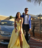 Simple A Line Spaghetti Strap Yellow Satin Prom Dress Graduation Prom Dress with Slit HZ1023