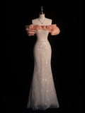 Elegant Mermaid Off the Shoulder Beaded Sequin Tulle Evening Dresses Party Dresses HZ1023