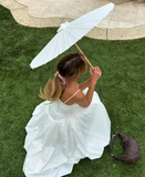 2025 New A Line Spaghetti Strap White Satin Long Prom Dress Evening Dress HZ1023