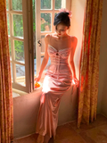 Peaches Pink Sheath Spaghetti Strap Satin Long Prom Dress Evening Dress HZ1023